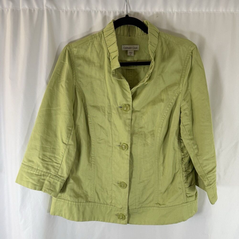 Coldwater Creek Jacket Women's 12 Green Button Up 3/4 Sleeve Linen Blend